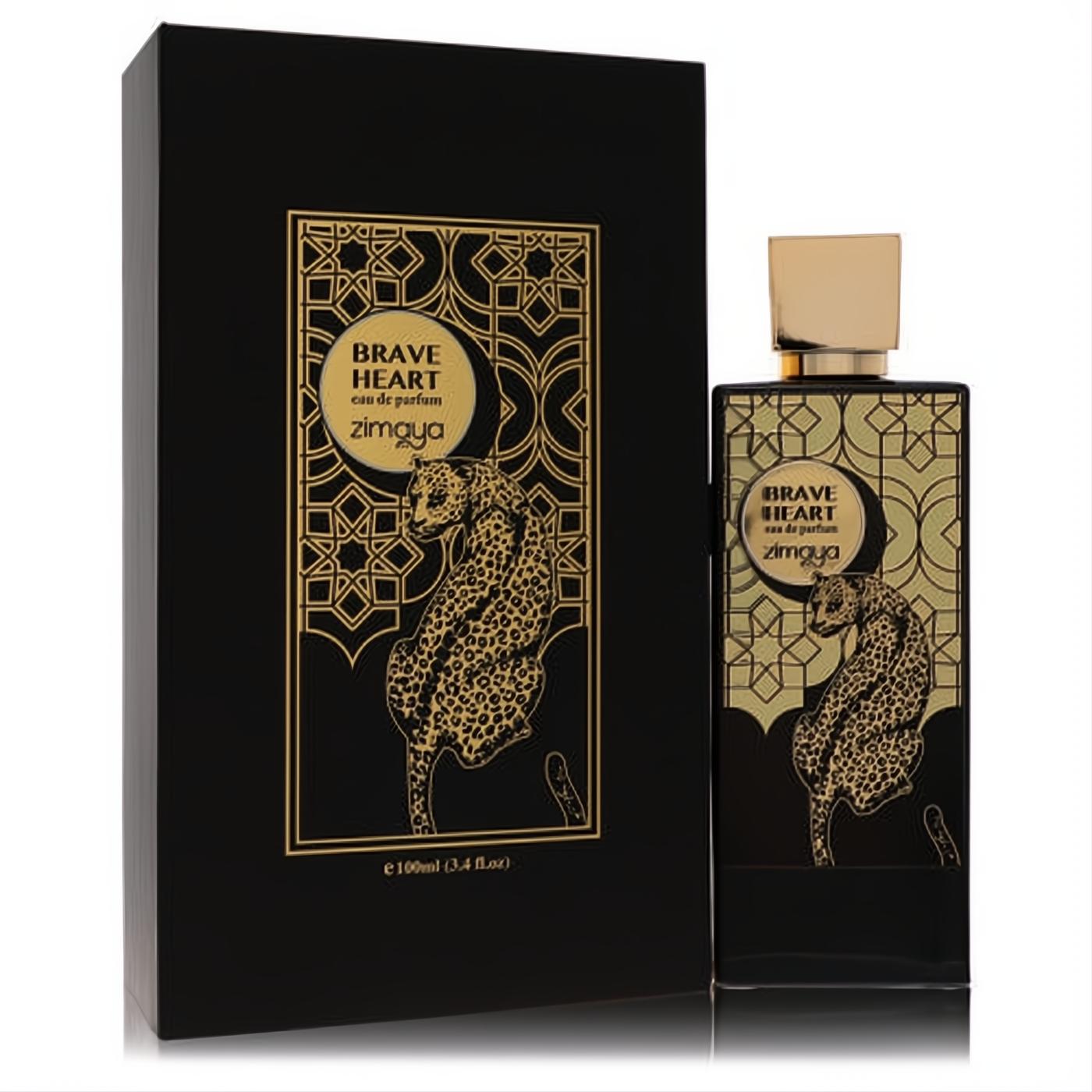 Afnan Zimaya Brave Heart 3.4 oz unisex EDP. Elegant black bottle and box with captivating gold leopard design.