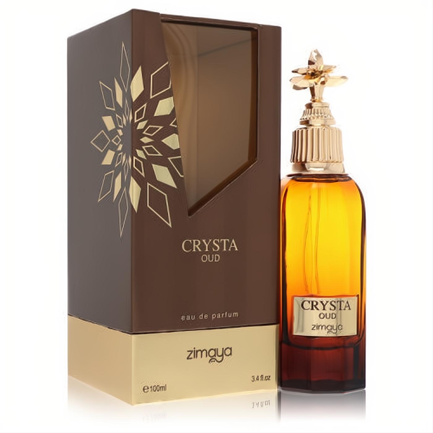 Luxurious Afnan Zimaya Crysta Oud 3.4 oz unisex EDP. Amber bottle, ornate gold cap, elegant brown box with gold accents.
