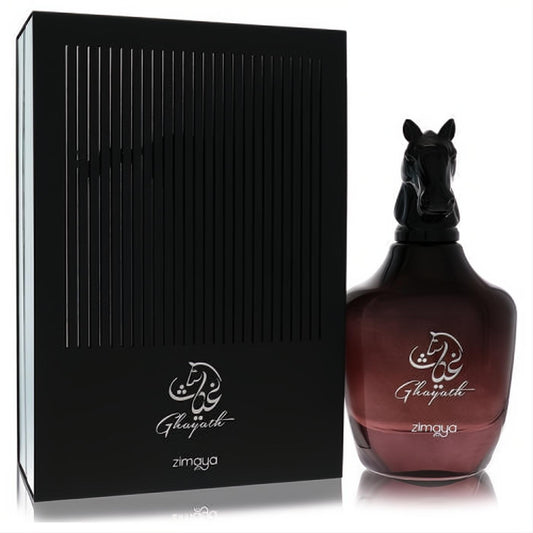Afnan Zimaya Ghayath unisex 3.4 oz perfume. Rich burgundy bottle, striking black horse head cap, and elegant textured black box.