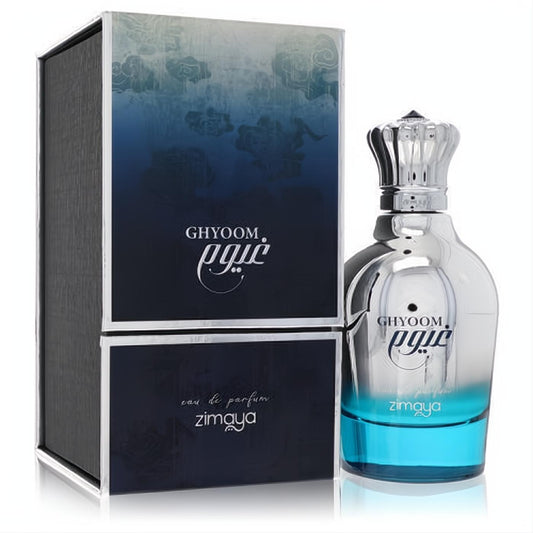 Afnan Zimaya Ghyoom unisex Eau De Parfum. Elegant silver-to-aqua gradient bottle, ornate crown cap, and matching box.