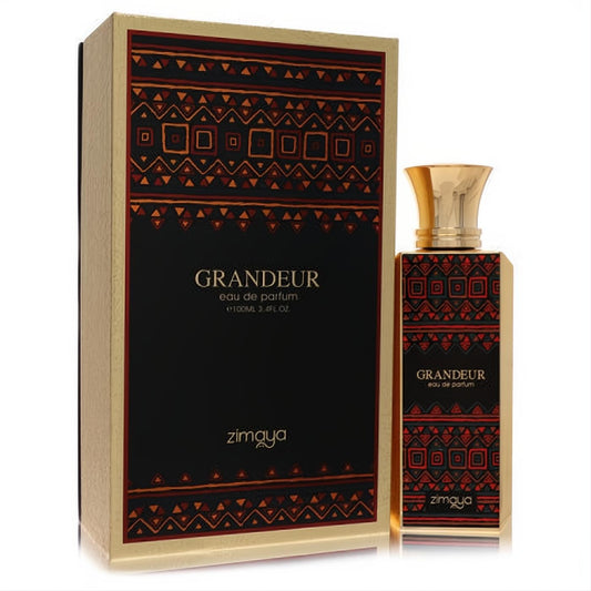 Luxurious Afnan Zimaya Grandeur unisex 3.4 oz Eau De Parfum. Black bottle and box with striking gold and vibrant tribal patterns.