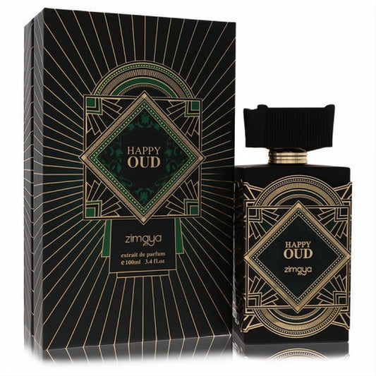 Luxurious Afnan Zimaya Happy Oud 3.4 oz unisex extrait de parfum. Black bottle and box with elegant gold & green Art Deco design.