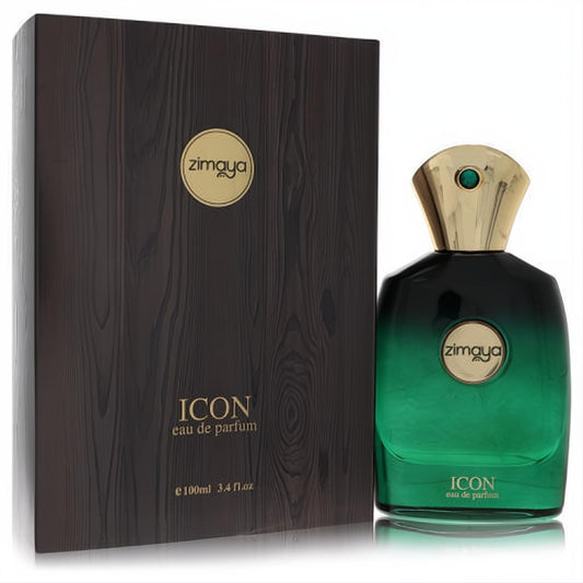 Discover Afnan Zimaya Icon unisex EDP. Bold green ombre bottle, elegant gold cap with jewel, luxurious wood-grain box. 3.4 oz.