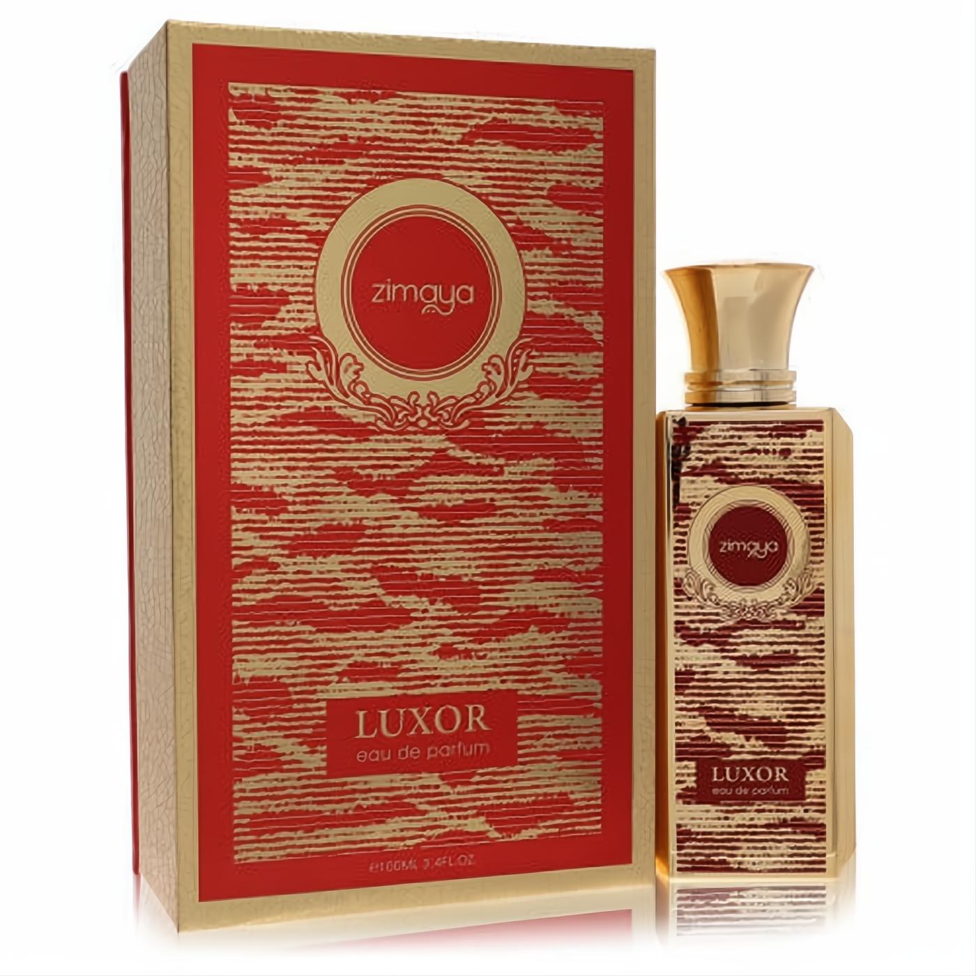 Luxurious Afnan Zimaya Luxor unisex eau de parfum, 3.4 oz. Features an elegant red and gold bottle with intricate design and matching box.