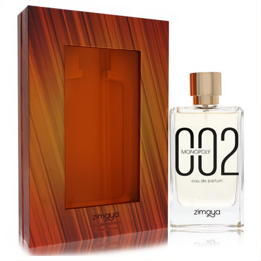 Afnan Zimaya Monopoly 002 men's 3.4 oz eau de parfum: sleek glass bottle with gold cap and warm amber display box.