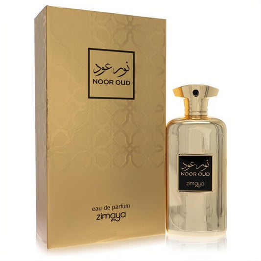 Luxurious gold Afnan Zimaya Noor Oud 3.4 oz unisex Eau De Parfum bottle with sleek design and elegant embossed box.