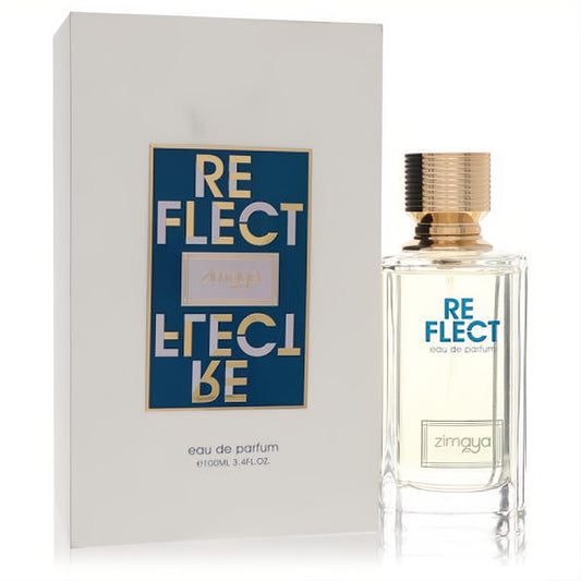Afnan Zimaya Reflect 3.4 oz unisex EDP. Clear bottle with gold cap, next to its white box with bold blue 'REFLECT' design.