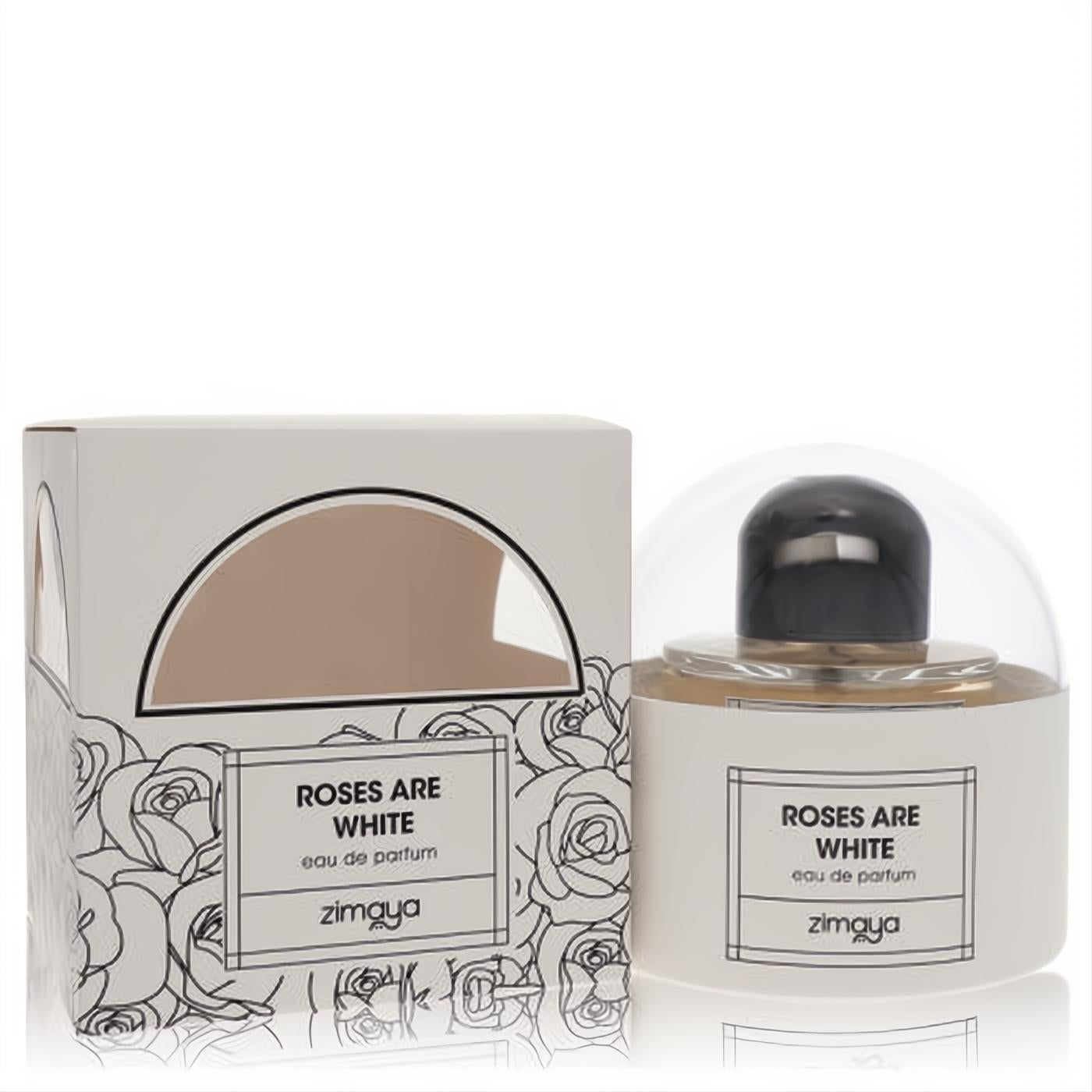 Afnan Zimaya Roses Are White 3.4 oz unisex eau de parfum. Elegant white bottle, clear dome cap, and matching rose-patterned fragrance box.