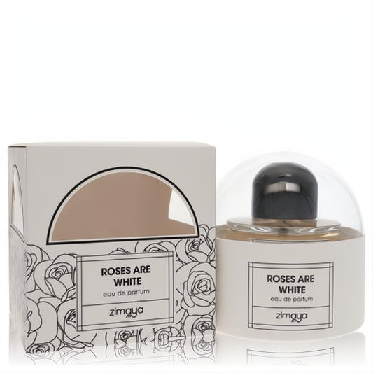 Afnan Zimaya Roses Are White 3.4 oz unisex eau de parfum. Elegant white bottle, clear dome cap, and matching rose-patterned fragrance box.