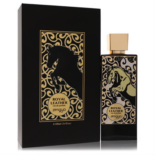 Afnan Zimaya Royal Leather 3.4 oz unisex EDP. Black bottle with a striking gold rearing horse design and matching luxurious box.