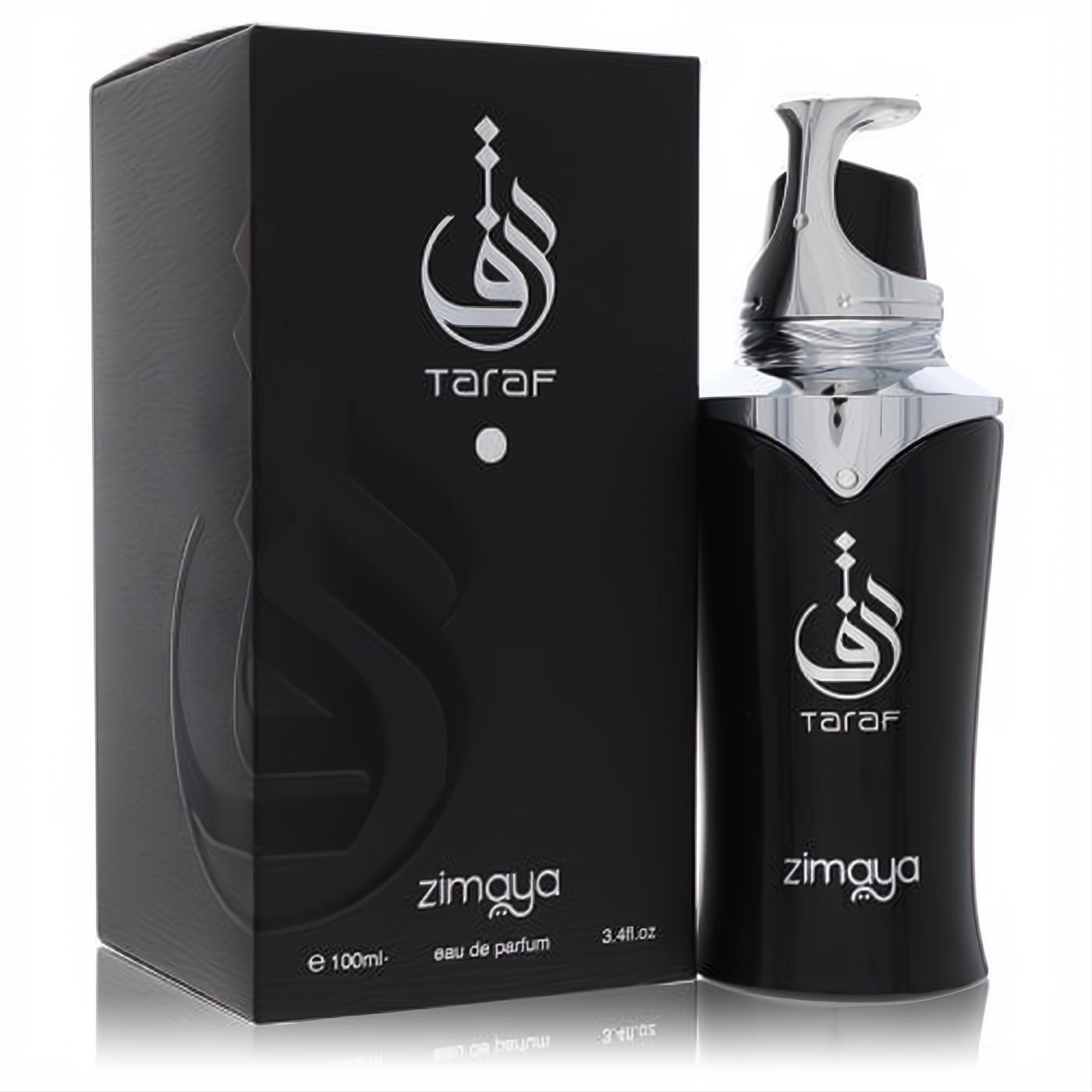 Afnan Zimaya Taraf Black 3.4 oz EDP. Premium black bottle, metallic silver cap, and elegant matching box.