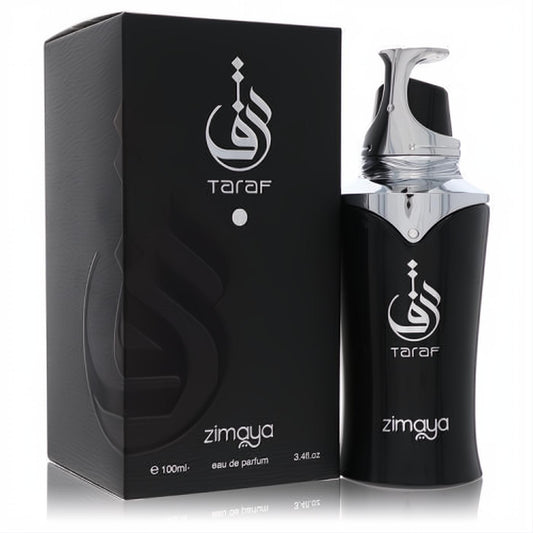 Afnan Zimaya Taraf Black 3.4 oz EDP. Premium black bottle, metallic silver cap, and elegant matching box.