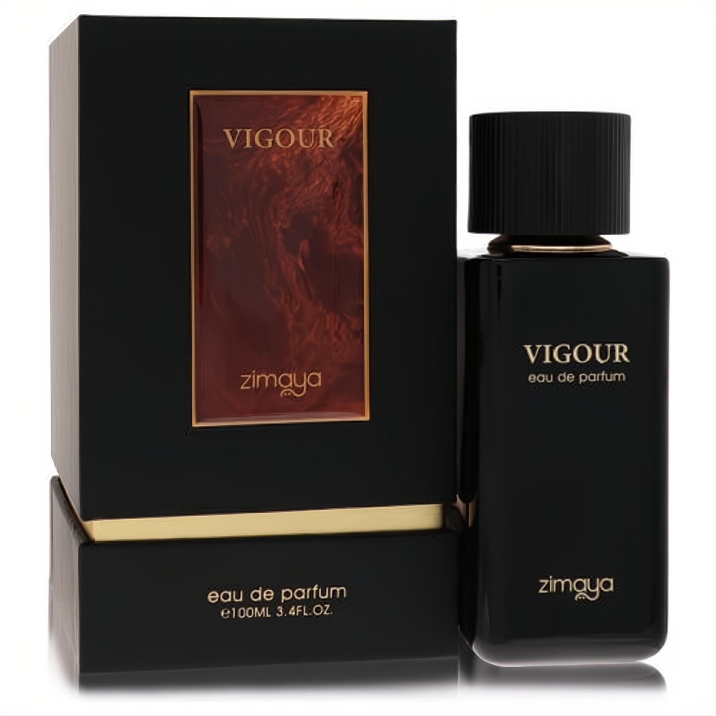 Luxurious Zimaya Vigour 3.4 oz men's eau de parfum. Sleek black bottle with gold lettering and elegant matching box.
