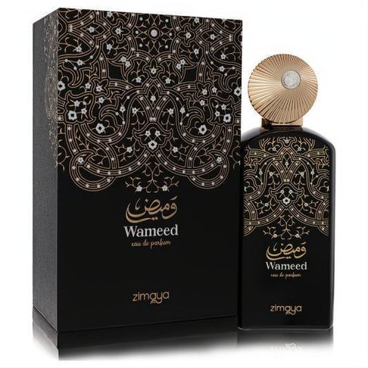 Afnan Zimaya Wameed unisex EDP spray: black bottle and box with intricate gold Arabic patterns, elegant gold ribbed cap.