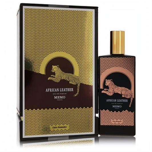 Memo African Leather EDP: sleek black bottle, gold cap, and exotic leopard design. Paired with its luxurious gold and black box.