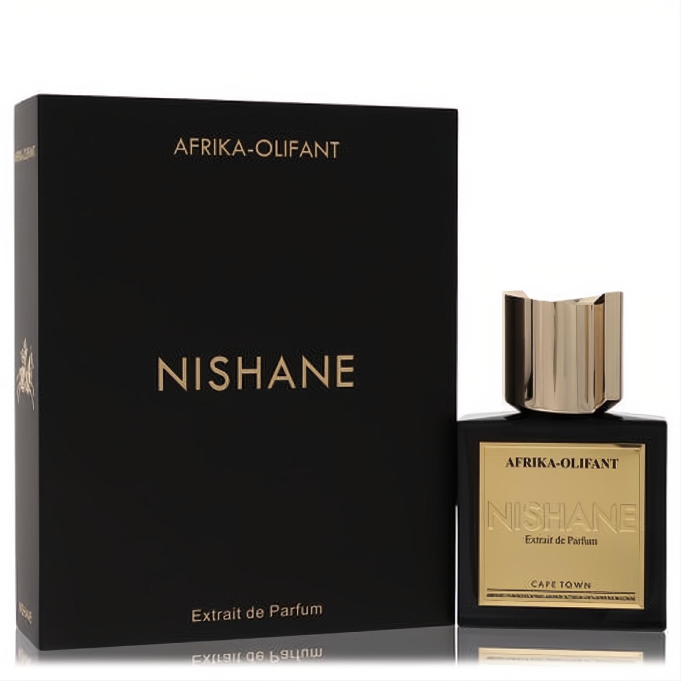 Nishane Afrika Olifant Extrait de Parfum. Luxurious black bottle, gold label, and elegant ridged gold cap with matching box.