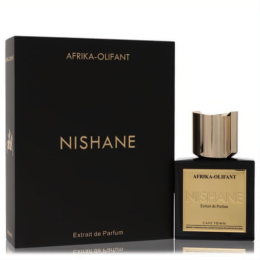 Nishane Afrika Olifant Extrait de Parfum. Luxurious black bottle, gold label, and elegant ridged gold cap with matching box.