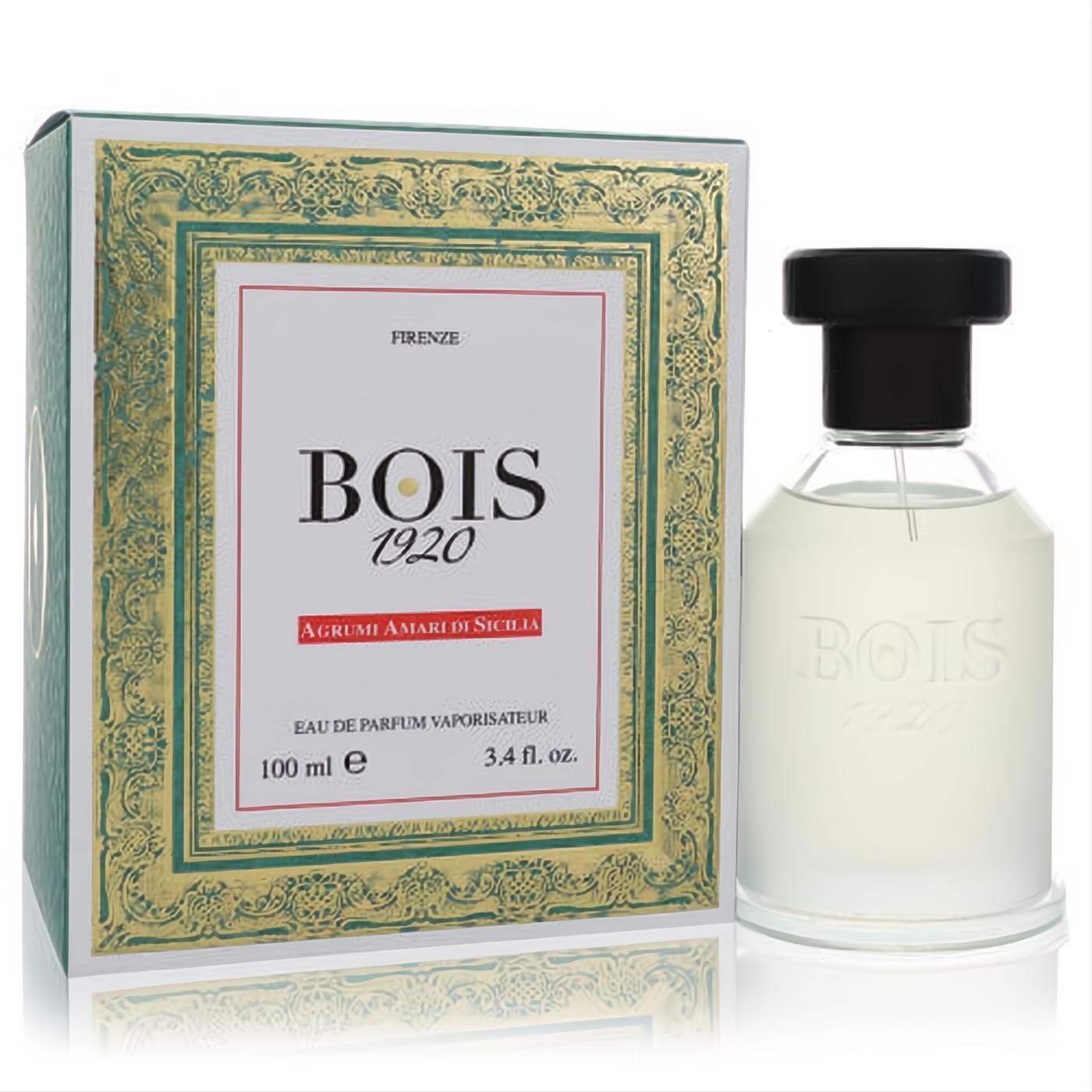Bois 1920 Agrumi Amari Di Sicilia 3.4 oz unisex EDP. Luxurious clear glass bottle, ornate green and gold vintage-style box.