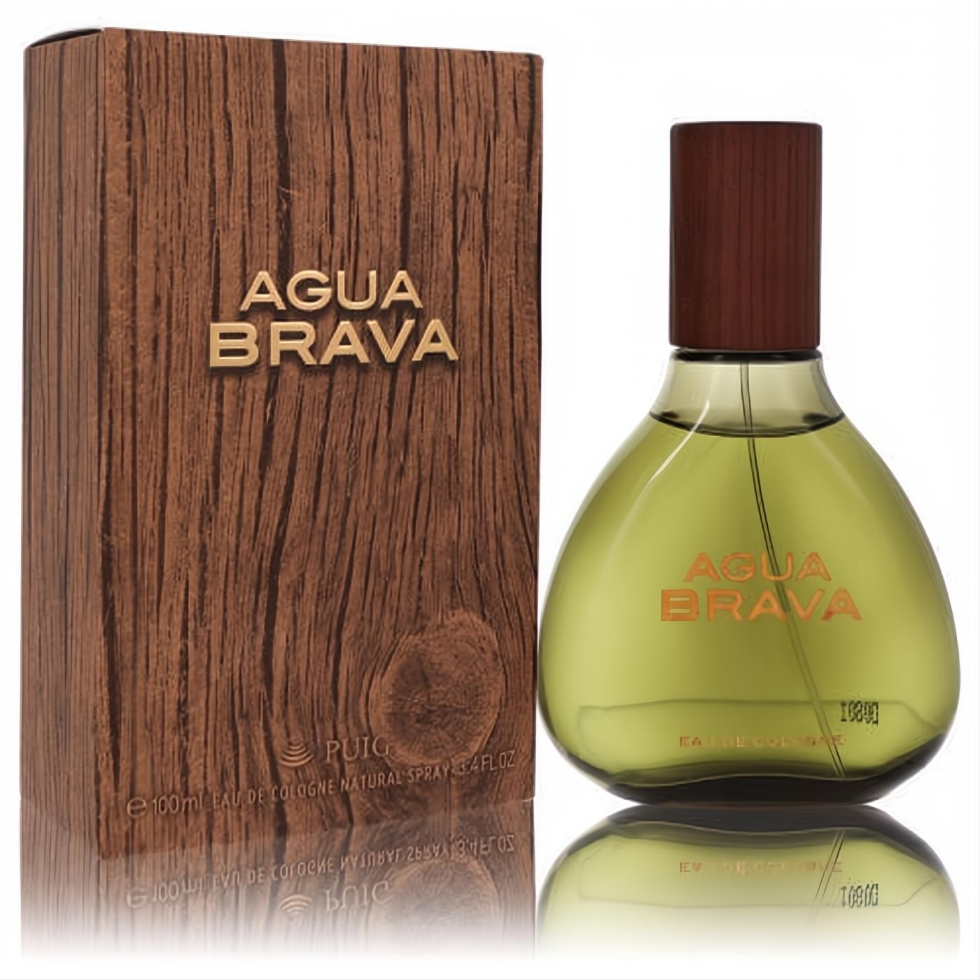 Antonio Puig Agua Brava 3.4 oz men's cologne spray. Classic olive green bottle, dark wood-grain cap, and rustic brown box.
