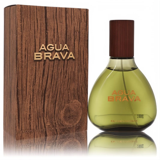 Antonio Puig Agua Brava 3.4 oz men's cologne spray. Classic olive green bottle, dark wood-grain cap, and rustic brown box.