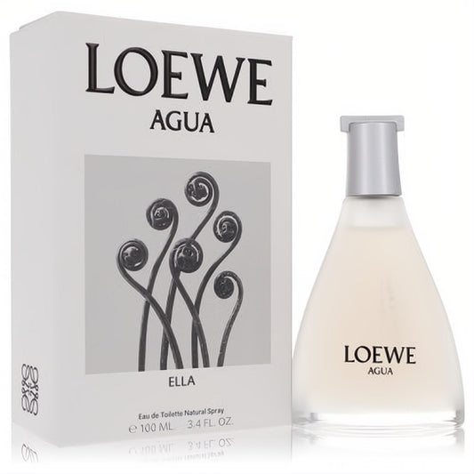 Loewe Agua Ella women's 3.4 oz EDT. Frosted triangular bottle, sleek silver cap, white box with botanical art.