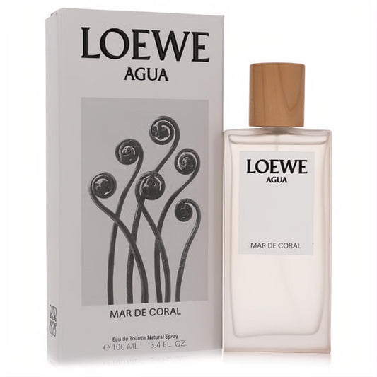 Loewe Agua Mar De Coral 3.4 oz EDT. Clear glass bottle with light pink liquid, natural wood cap, and white box with coral design.