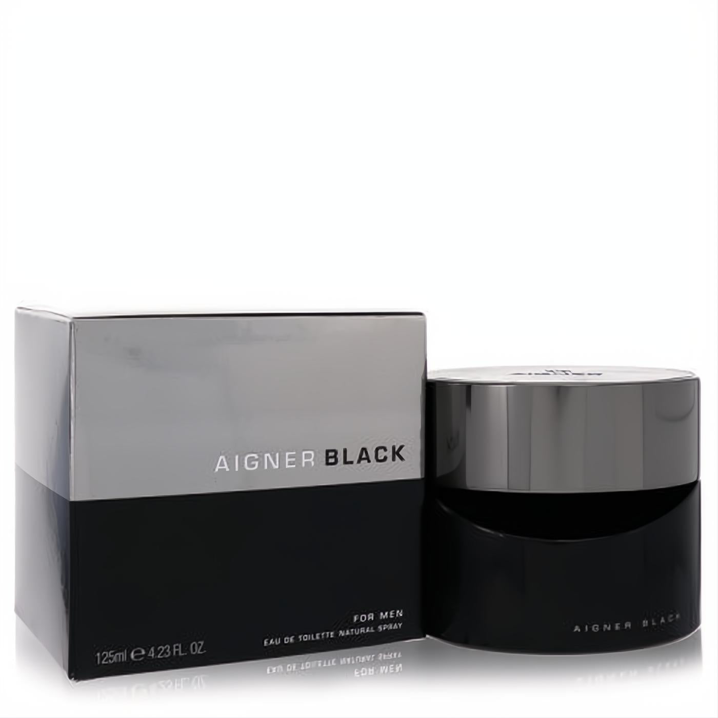 Aigner Black 4.2 oz men's Eau De Toilette. Sophisticated black bottle with silver cap, beside its elegant black and silver box.