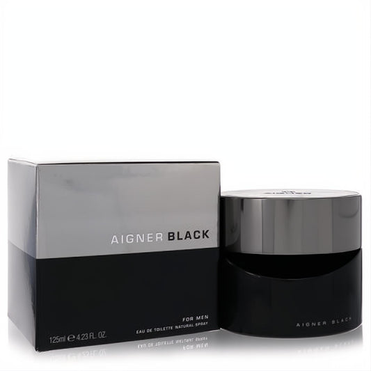 Aigner Black 4.2 oz men's Eau De Toilette. Sophisticated black bottle with silver cap, beside its elegant black and silver box.