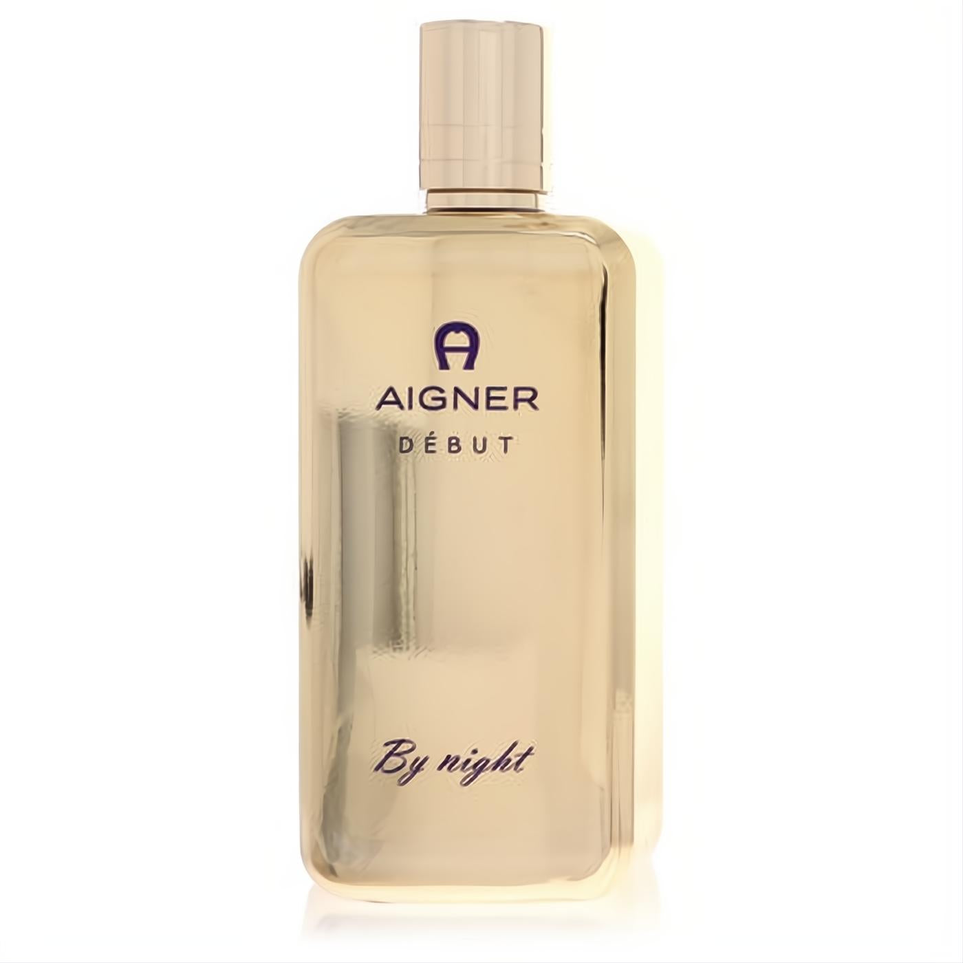 Elegant metallic gold Aigner DÉBUT By night Eau De Parfum spray, a sleek women's fragrance bottle.