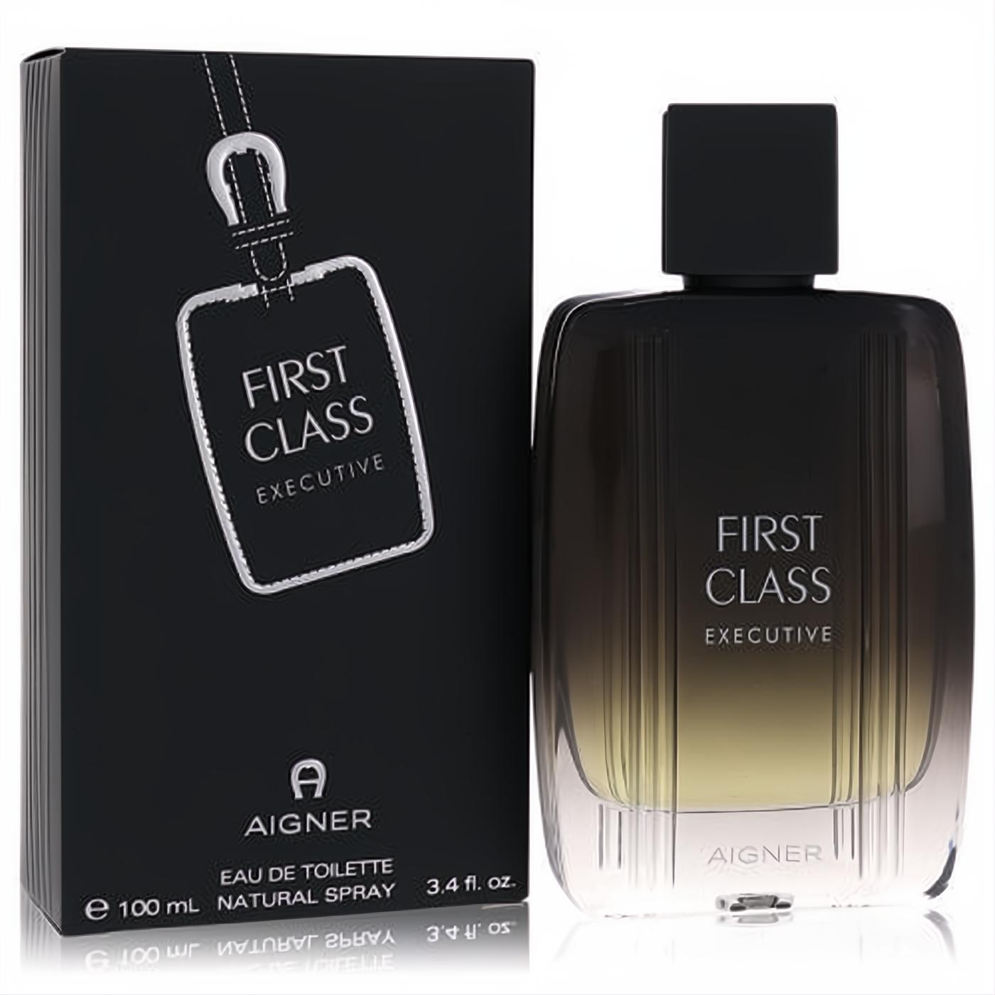 Aigner First Class Executive 3.4 oz men's EDT spray. Features a dark gradient bottle and elegant black box with silver buckle design.
