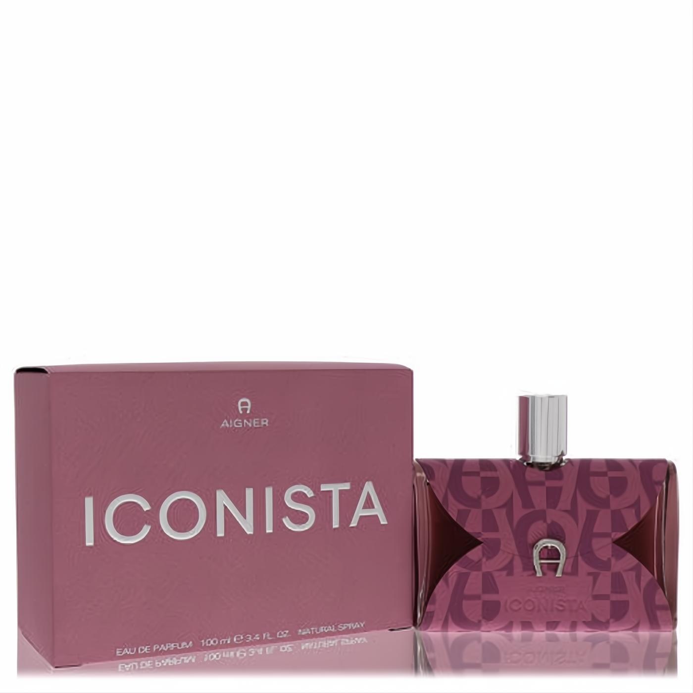 Aigner Iconista 3.4 oz Eau De Parfum. Chic pink box and elegant bottle with signature Aigner logo pattern and silver cap.