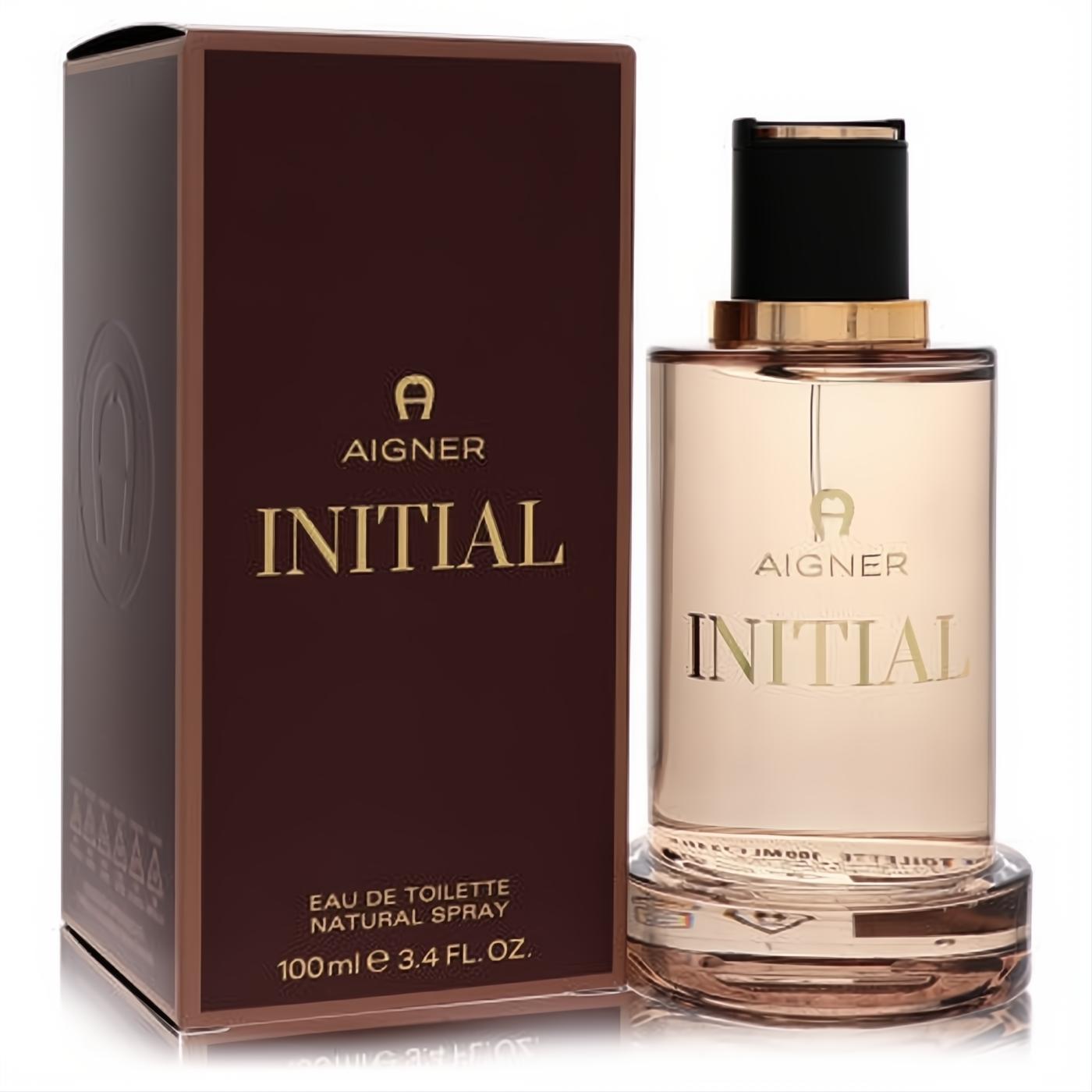 Sophisticated Aigner Initial men's Eau De Toilette 3.4 oz spray. Clear bottle, gold liquid, black cap, and rich brown box with gold branding.