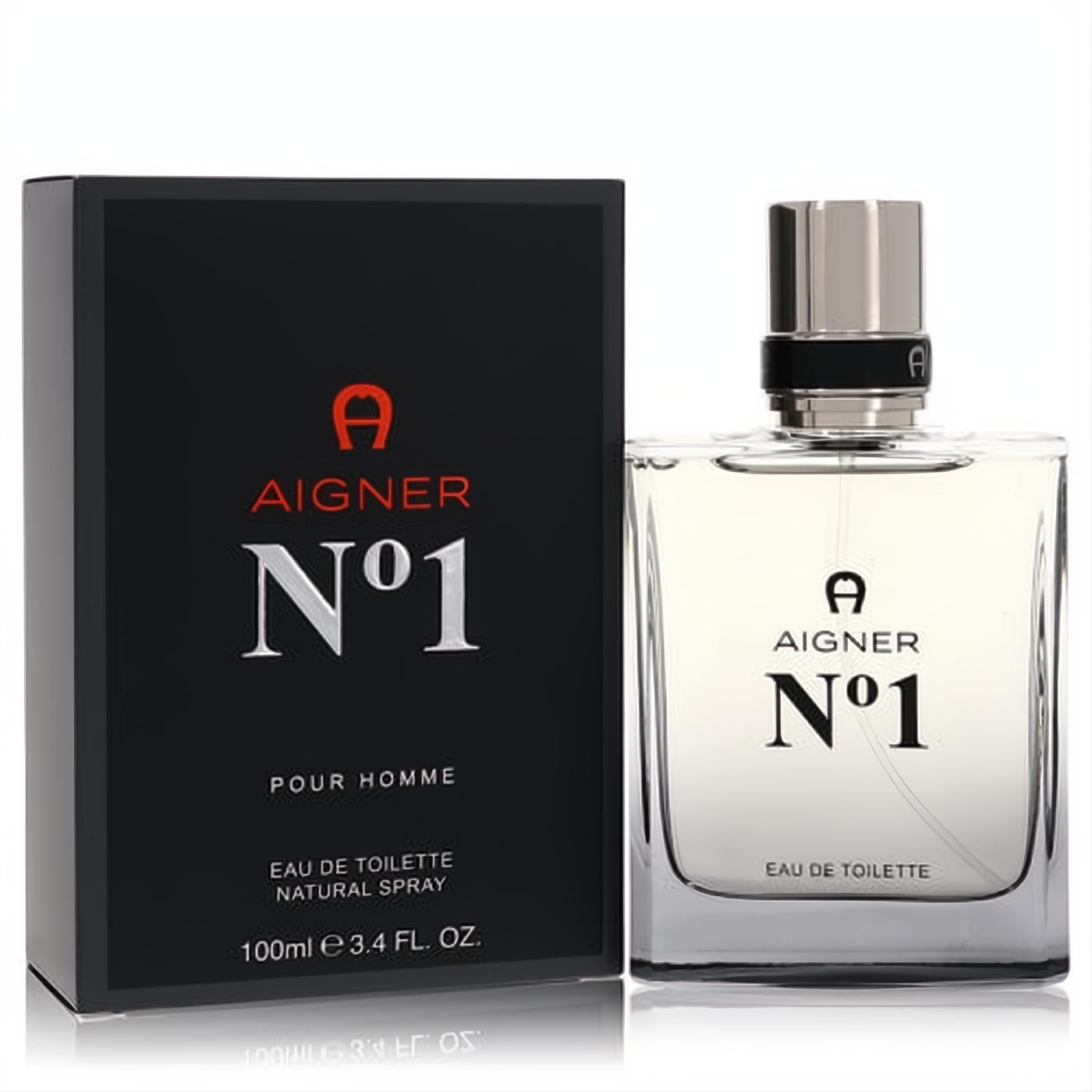 Aigner No 1 Pour Homme Eau De Toilette 3.4 oz spray, featuring a sleek clear glass bottle with silver cap and bold black branded box.