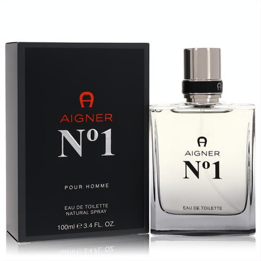 Aigner No 1 Pour Homme Eau De Toilette 3.4 oz spray, featuring a sleek clear glass bottle with silver cap and bold black branded box.