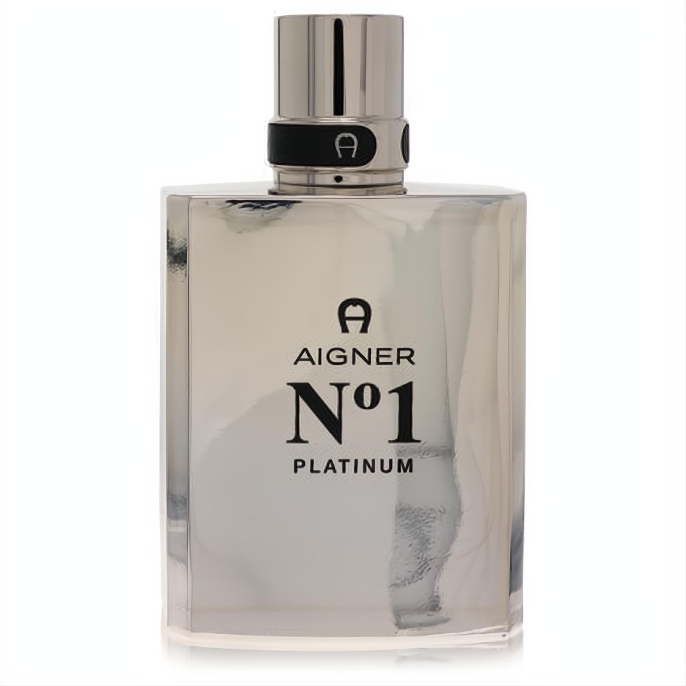 Aigner No. 1 Platinum 3.4 oz men's EDT spray. Sleek, reflective silver bottle with iconic black Aigner branding.