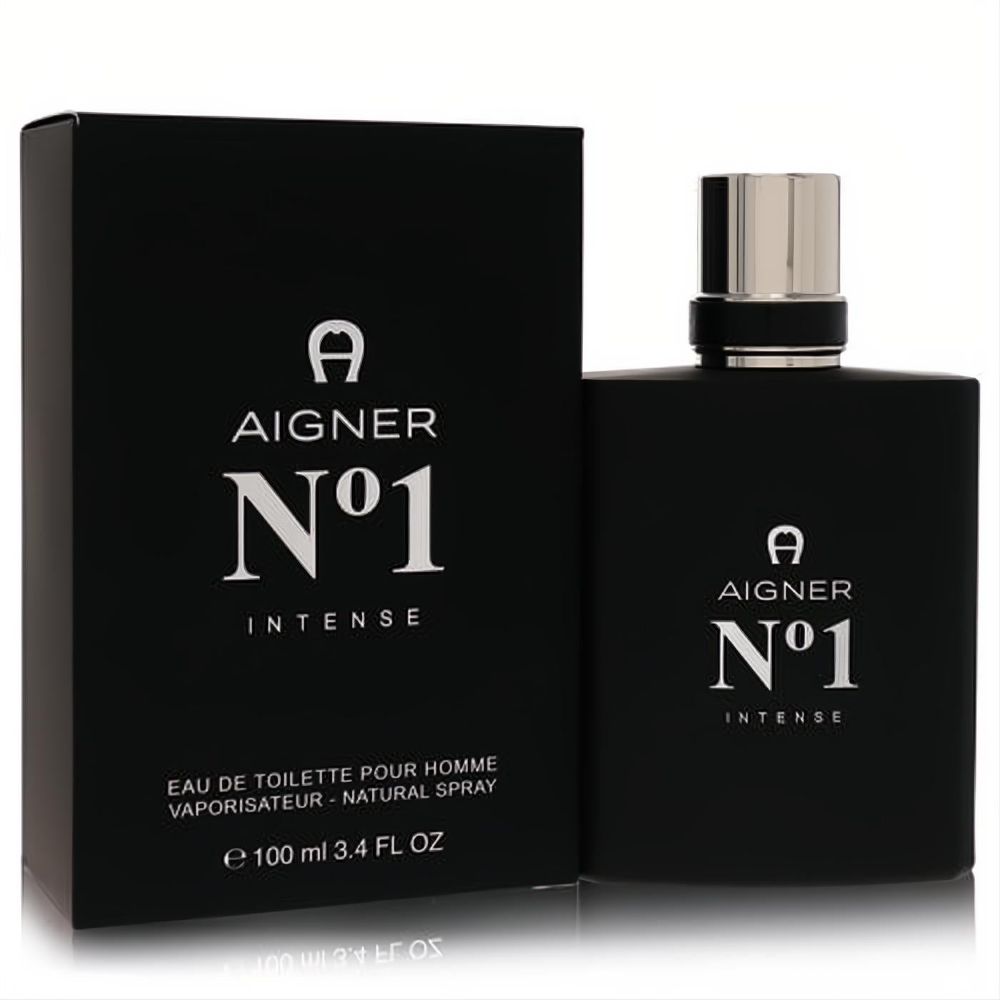 Bold Aigner N°1 Intense 3.4 oz Eau De Toilette for men. Sleek matte black bottle, silver cap, and matching box.