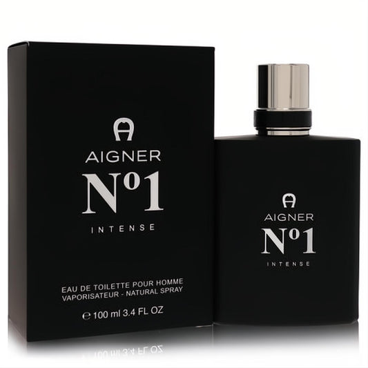 Bold Aigner N°1 Intense 3.4 oz Eau De Toilette for men. Sleek matte black bottle, silver cap, and matching box.