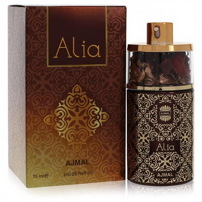 Exquisite Ajmal Alia 2.5 oz EDP. Dark brown bottle with intricate gold patterns, clear top revealing dried flowers, and elegant matching box.
