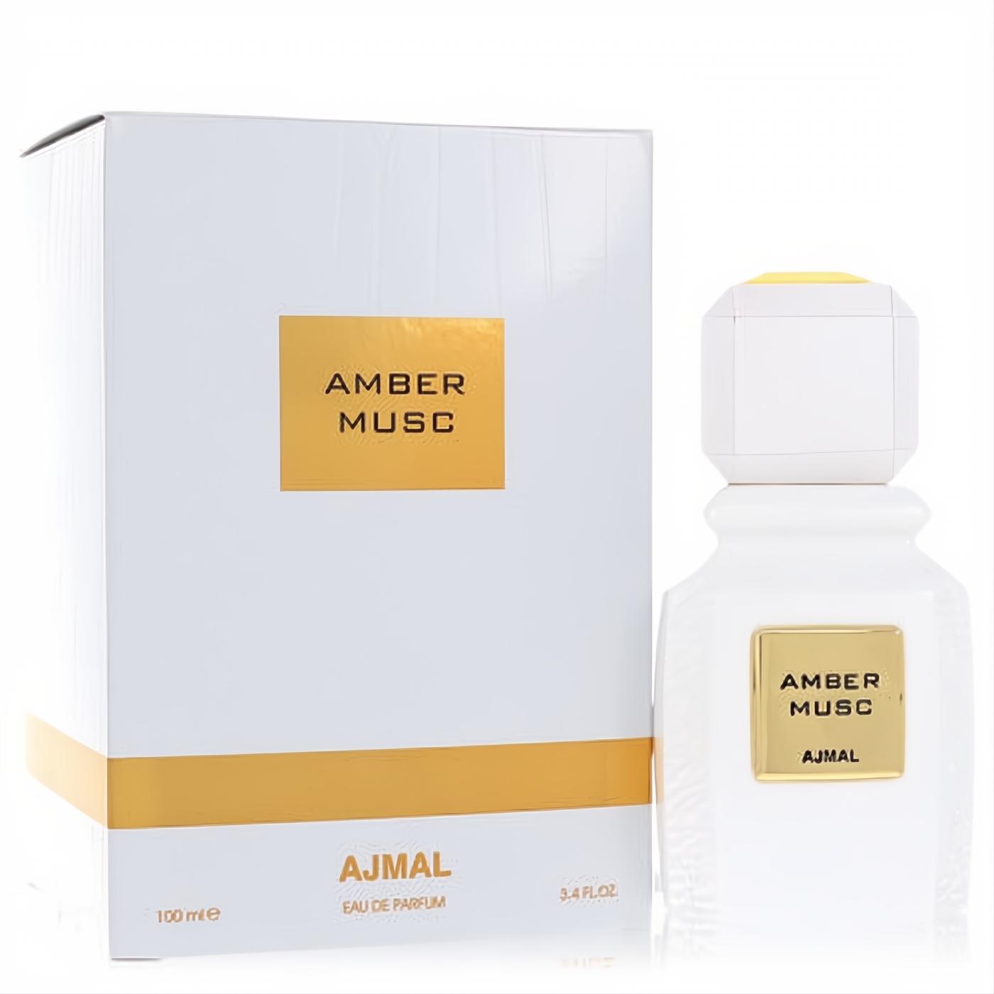 Elegant Ajmal Amber Musc 3.4 oz unisex Eau De Parfum. Features a sleek white bottle with a gold label and matching white box.