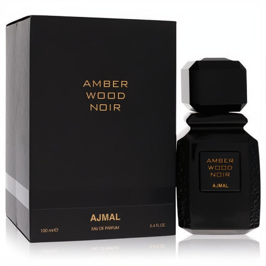 Sophisticated Ajmal Amber Wood Noir 3.4 oz unisex EDP. Black bottle with gold text, elegant matching box.