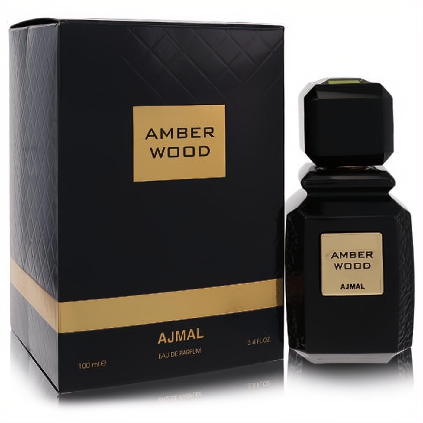 Ajmal Amber Wood 3.4 oz unisex Eau De Parfum. Elegant black bottle with gold label and matching luxury black & gold gift box.