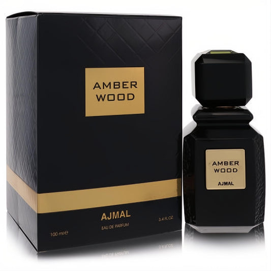 Ajmal Amber Wood 3.4 oz unisex Eau De Parfum. Elegant black bottle with gold label and matching luxury black & gold gift box.