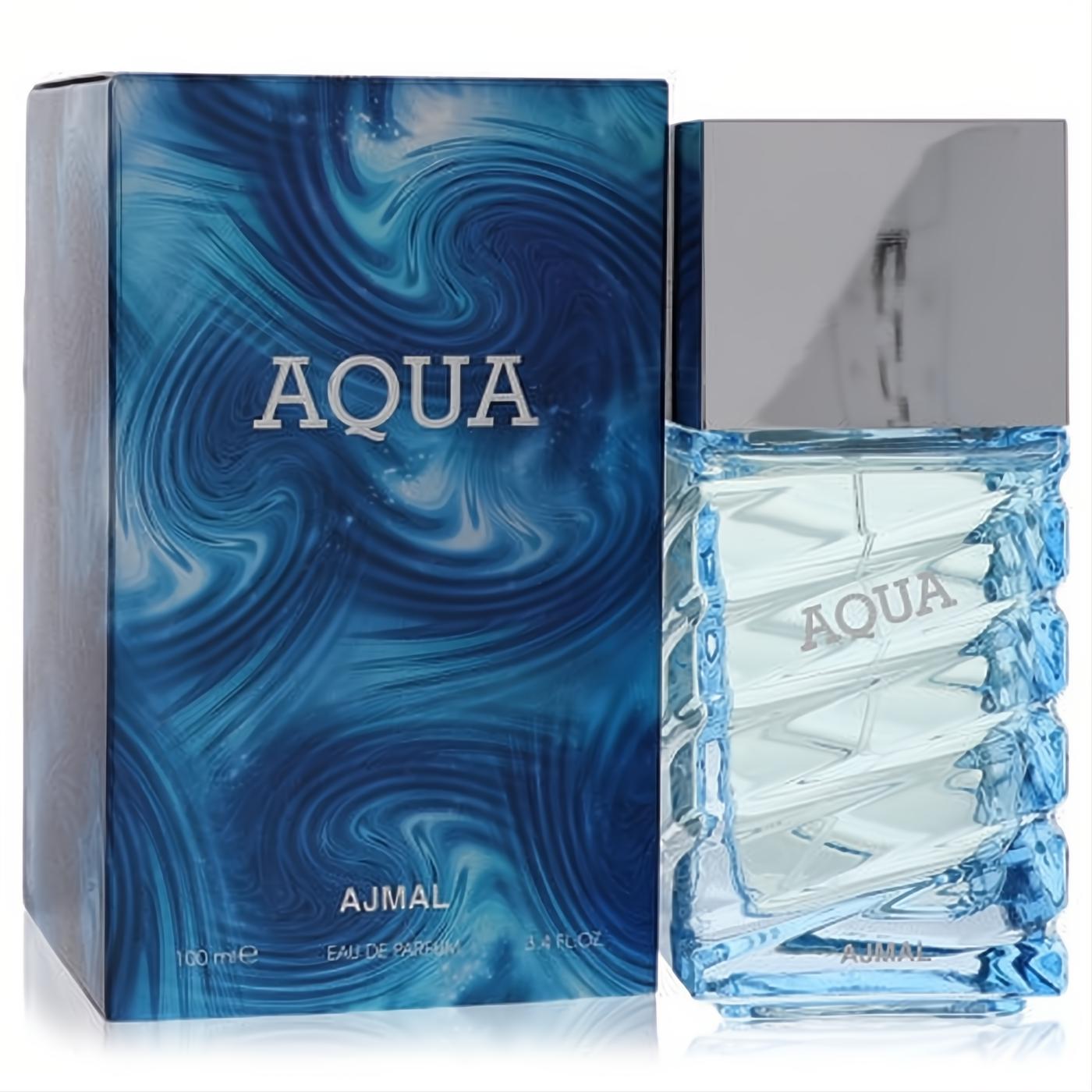 Ajmal Aqua 3.4 oz men's Eau De Parfum. Modern blue textured glass bottle with silver cap, next to a dynamic wave-patterned box.