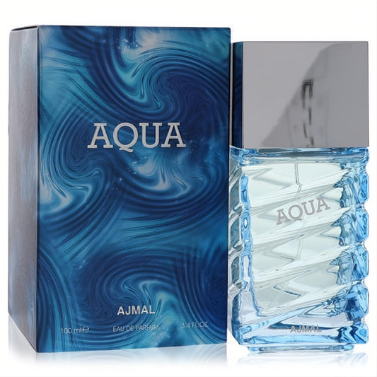Ajmal Aqua 3.4 oz men's Eau De Parfum. Modern blue textured glass bottle with silver cap, next to a dynamic wave-patterned box.