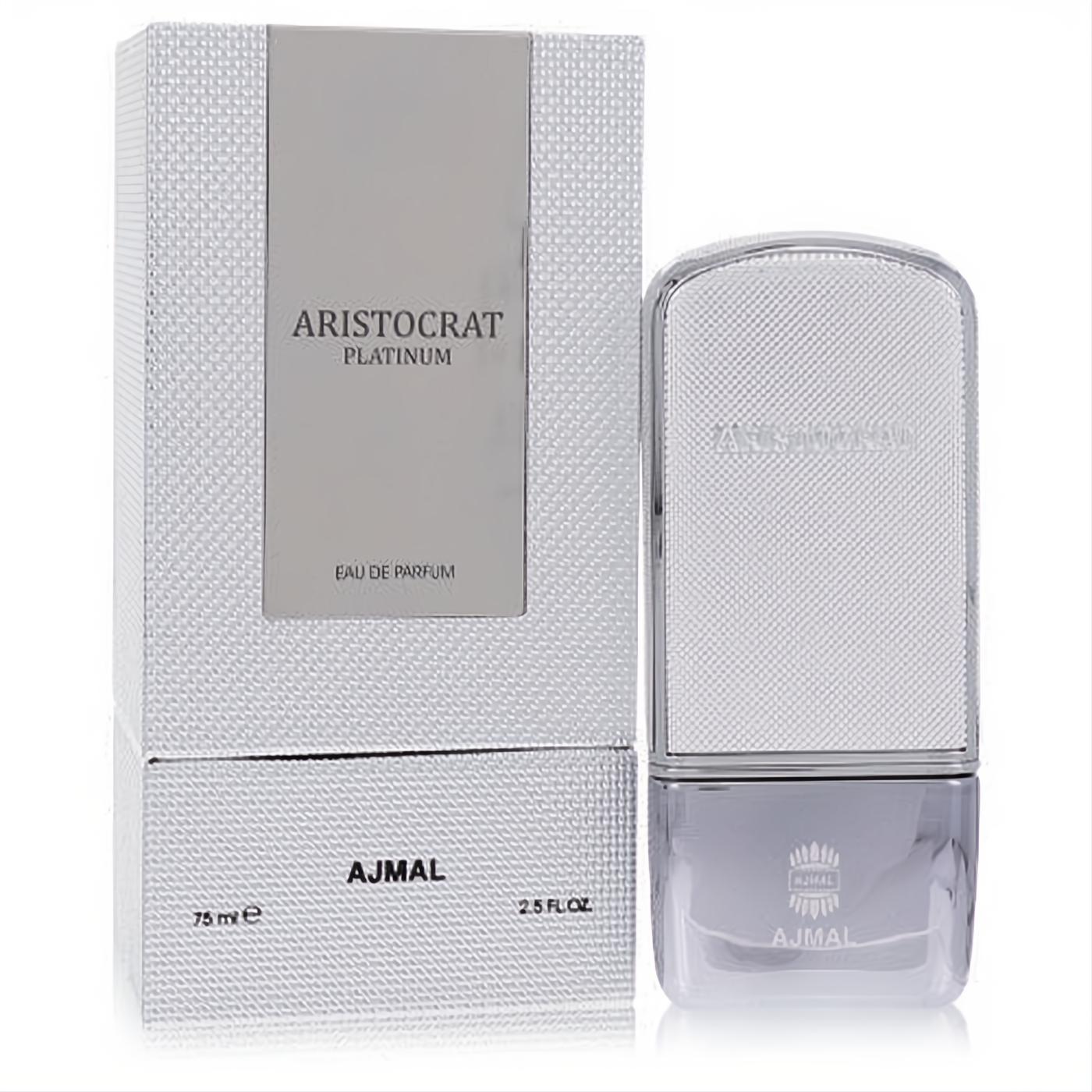Sophisticated Ajmal Aristocrat Platinum 2.5 oz EDP for men. Sleek silver bottle with textured cap and matching embossed box.