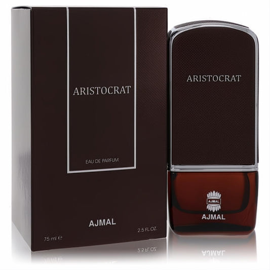 Ajmal Aristocrat 2.5 oz men's Eau De Parfum in a sleek, textured mahogany bottle with silver accents and matching box.