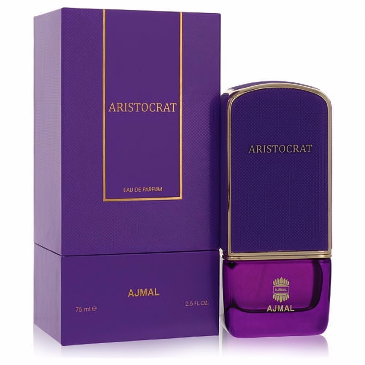 Sophisticated Ajmal Aristocrat 2.5 oz women's Eau De Parfum spray. Deep purple bottle with gold accents and textured cap, beside its elegant box.