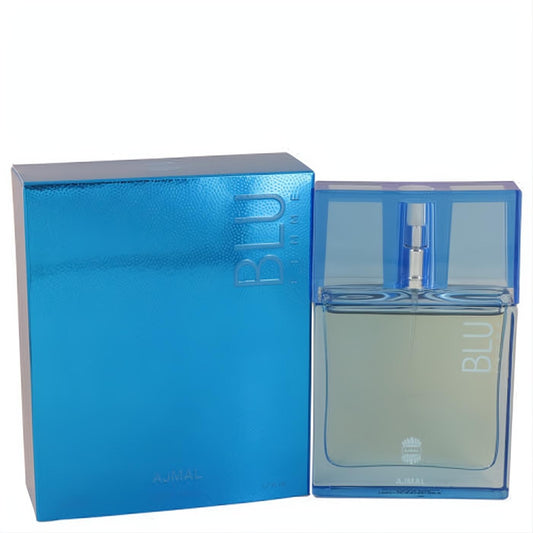 Ajmal Blu Femme 1.7 oz women's perfume. Elegant blue glass bottle with a matching metallic box, exuding modern sophistication.