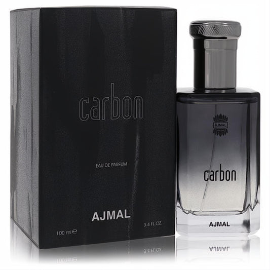 Ajmal Carbon men's Eau De Parfum, 3.4 oz. Sophisticated dark grey glass bottle with silver cap and matching matte black box.
