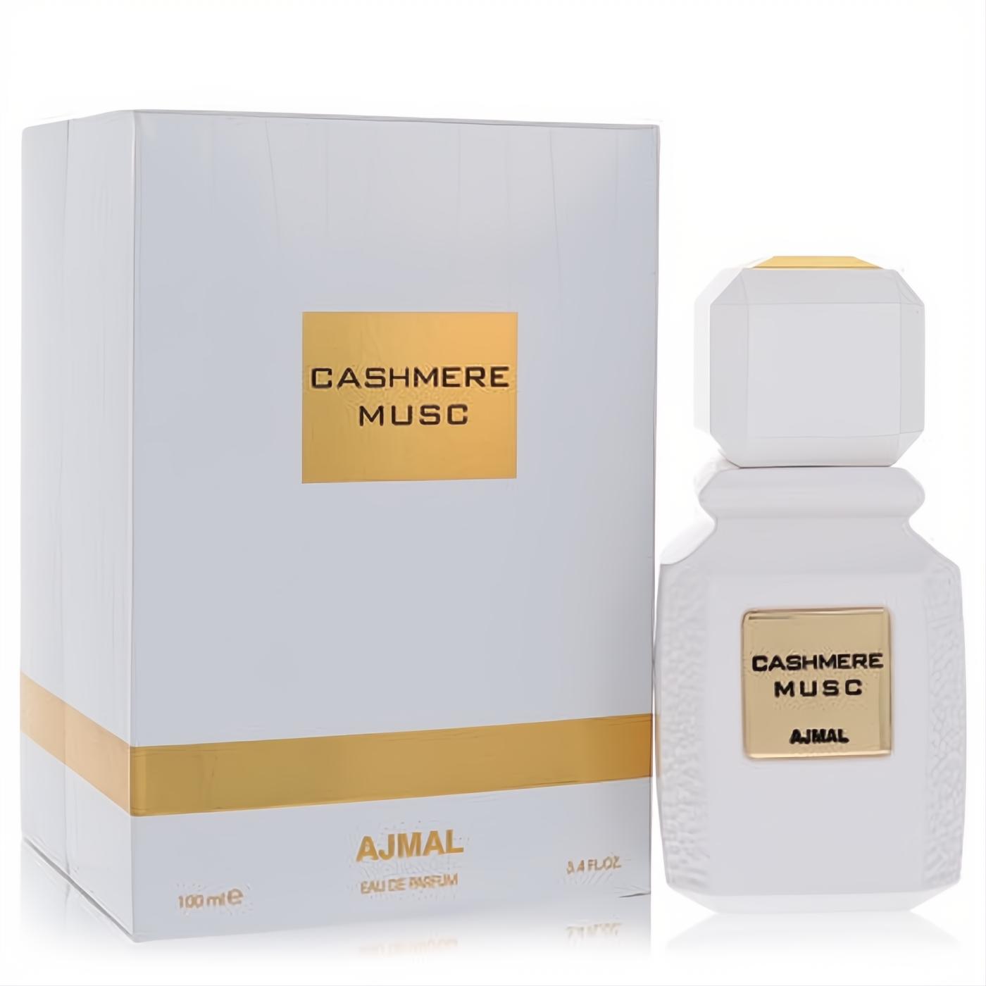 Ajmal Cashmere Musc 3.4 oz unisex EDP. Elegant white bottle and box with luxurious gold accents.